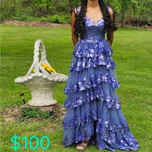 Blueish purple ruffled prom dress